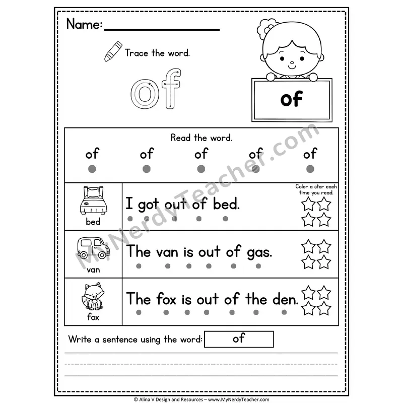 1st Grade Sight Word Worksheet — Of (Trace, Read & Write)