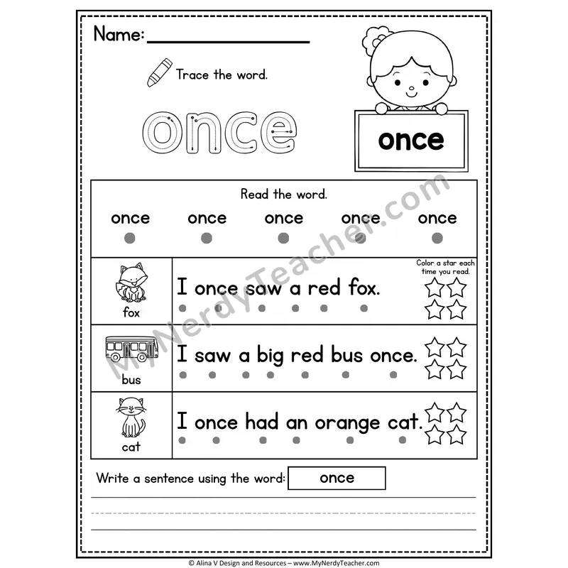 1st Grade Sight Word Worksheet — Once (Trace, Read & Write)