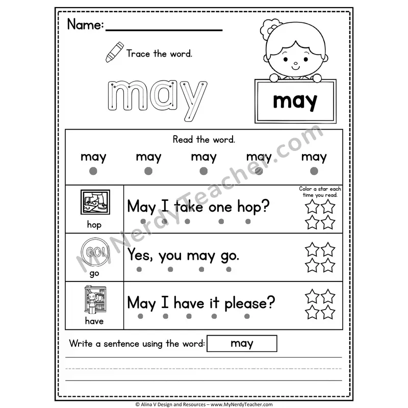 1st Grade Sight Word Worksheet — May (Trace, Read & Write)