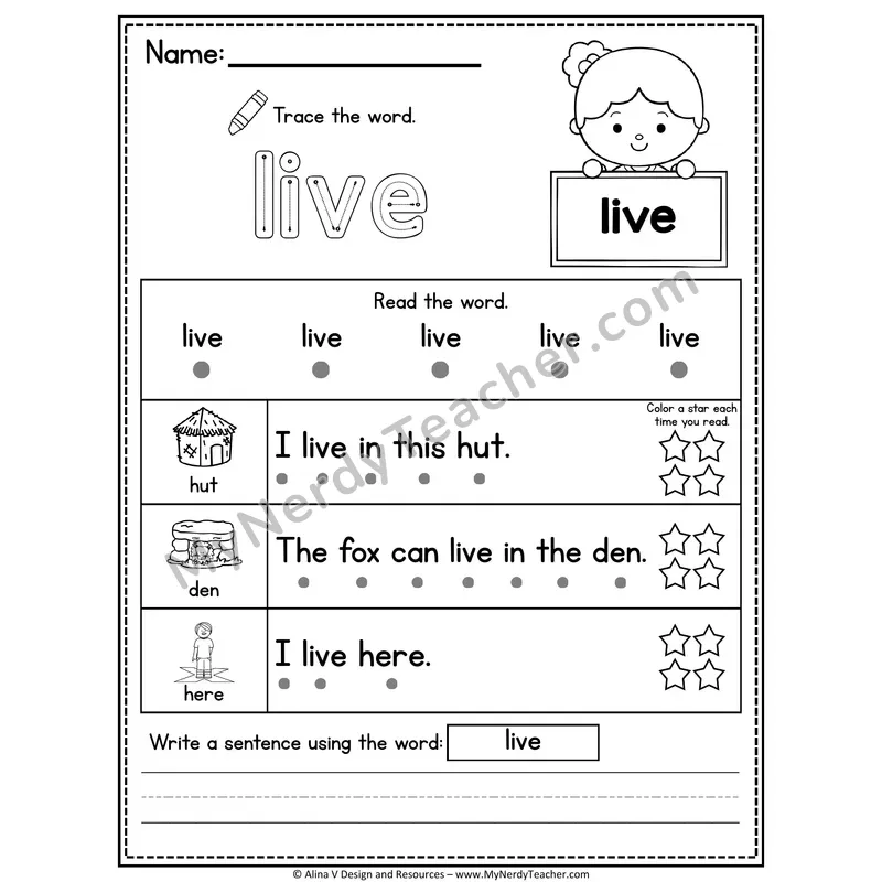 1st Grade Sight Word Worksheet — Live (Trace, Read & Write)