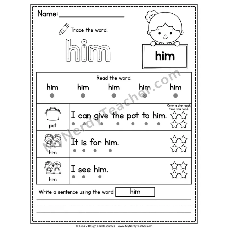 1st Grade Sight Word Worksheet — Him (Trace, Read & Write)
