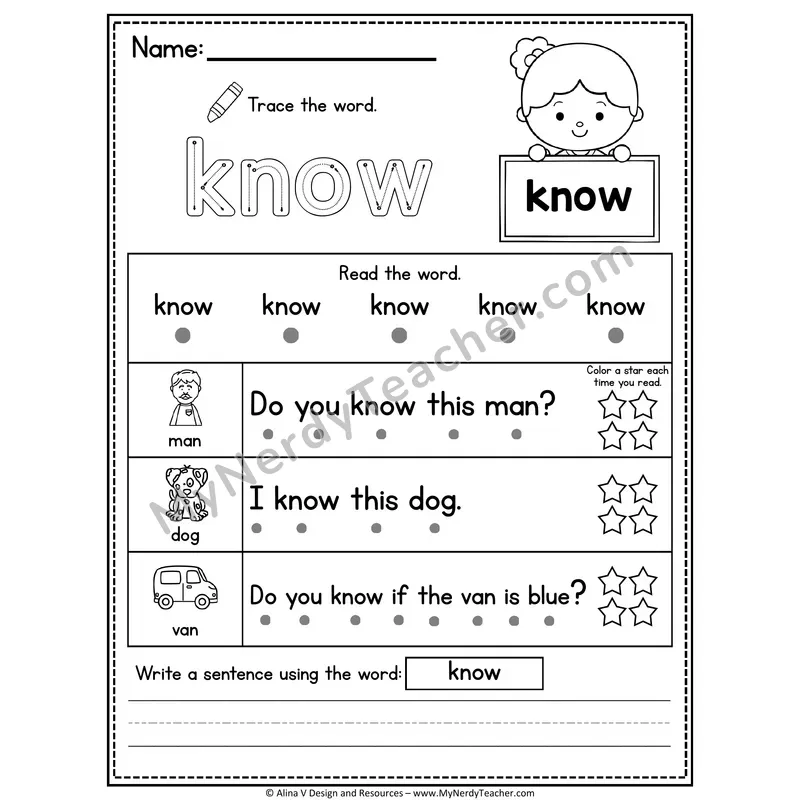 1st Grade Sight Word Worksheet — Know (Trace, Read & Write)