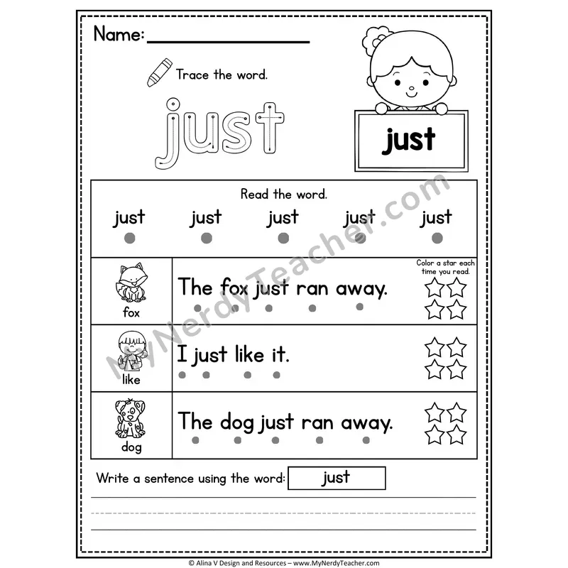 1st Grade Sight Word Worksheet — Just (Trace, Read & Write)
