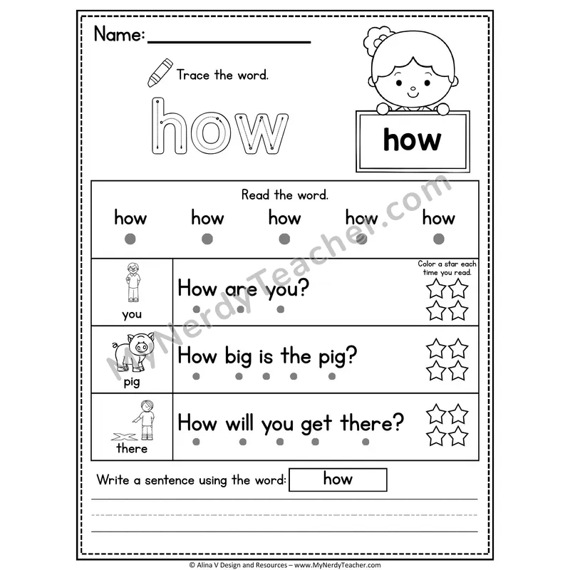 1st Grade Sight Word Worksheet — How (Trace, Read & Write)