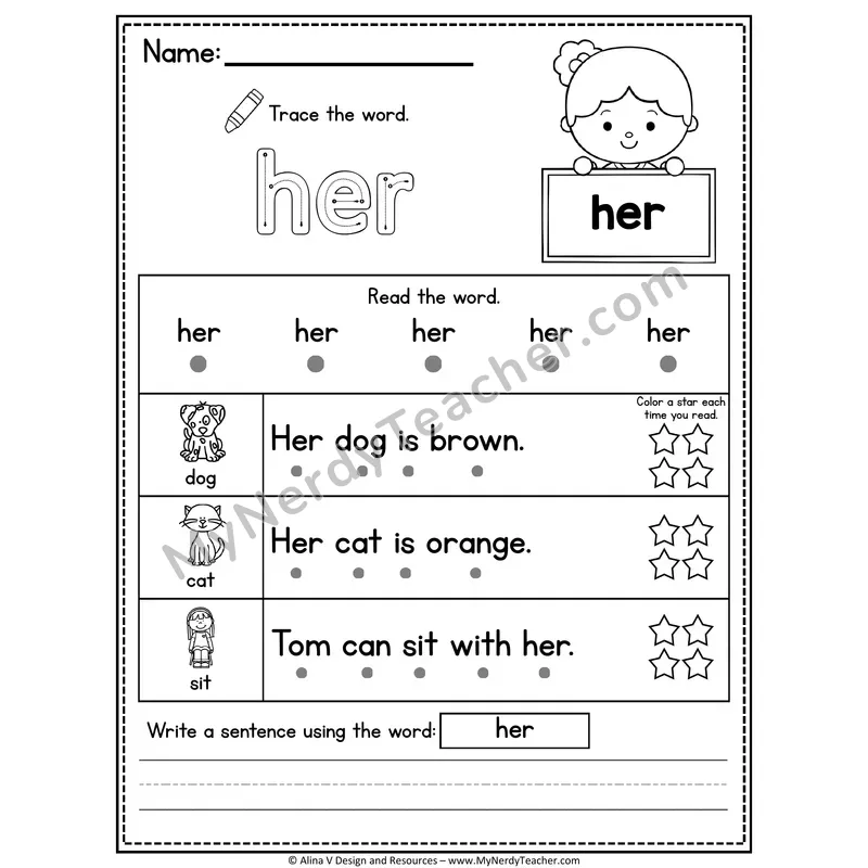 1st Grade Sight Word Worksheet — Her (Trace, Read & Write)