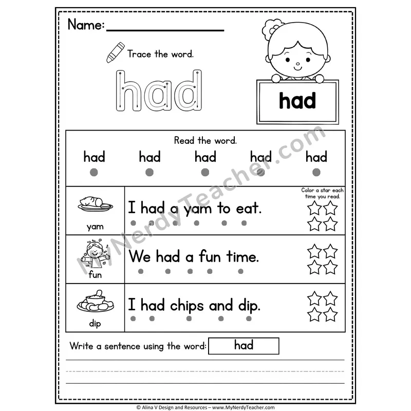 1st Grade Sight Word Worksheet — Had (Trace, Read & Write)