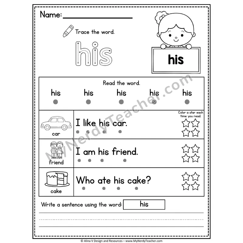 1st Grade Sight Word Worksheet — His (Trace, Read & Write)