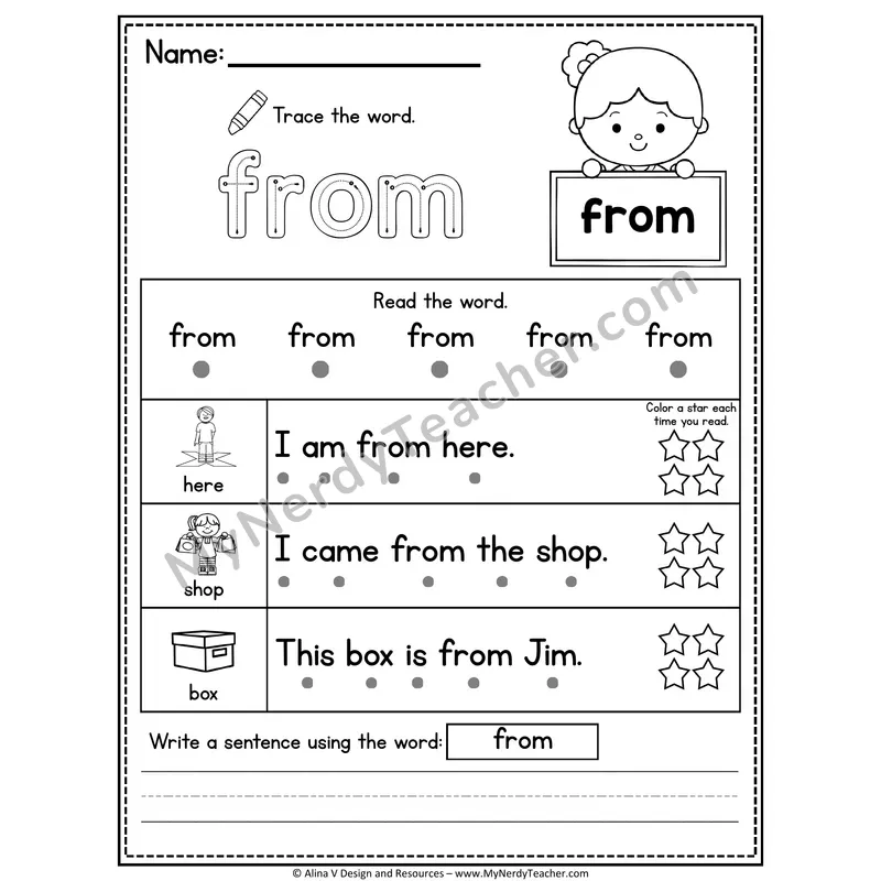 1st Grade Sight Word Worksheet — From (Trace, Read & Write)
