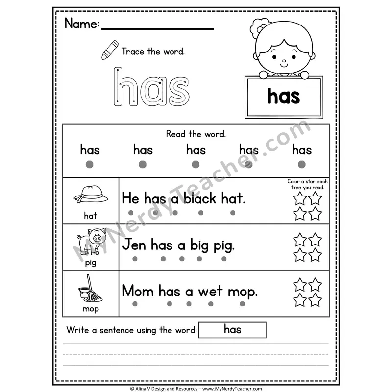 1st Grade Sight Word Worksheet — Has (Trace, Read & Write)