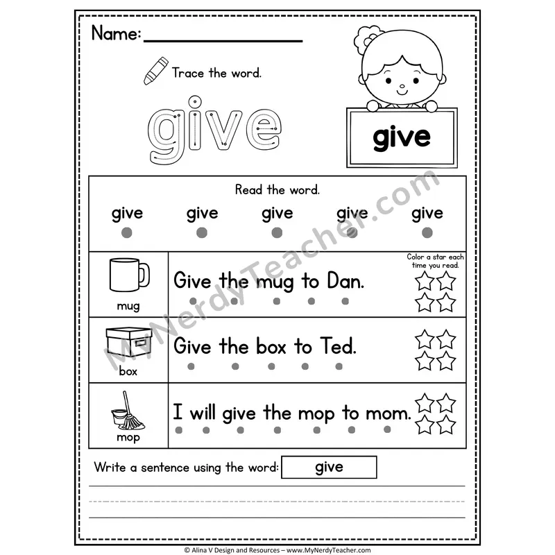1st Grade Sight Word Worksheet — Give (Trace, Read & Write)