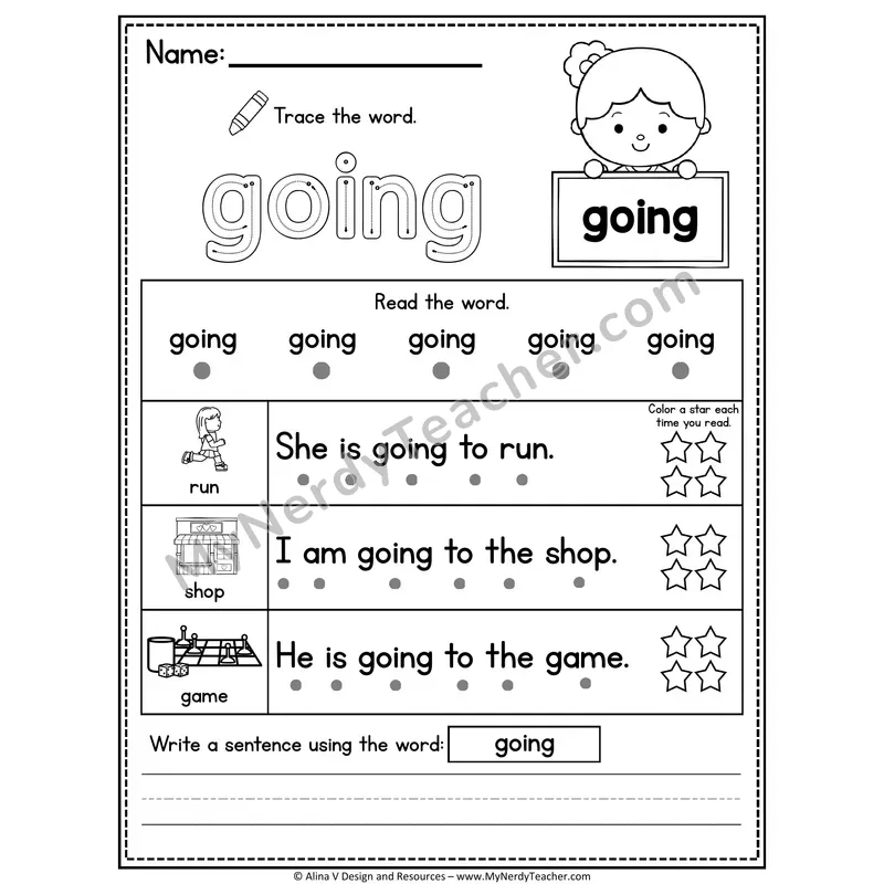 1st Grade Sight Word Worksheet — Going (Trace, Read & Write)