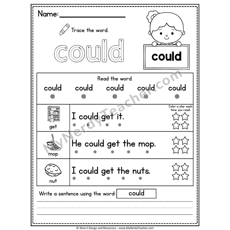 1st Grade Sight Word Worksheet — Could (Trace, Read & Write)