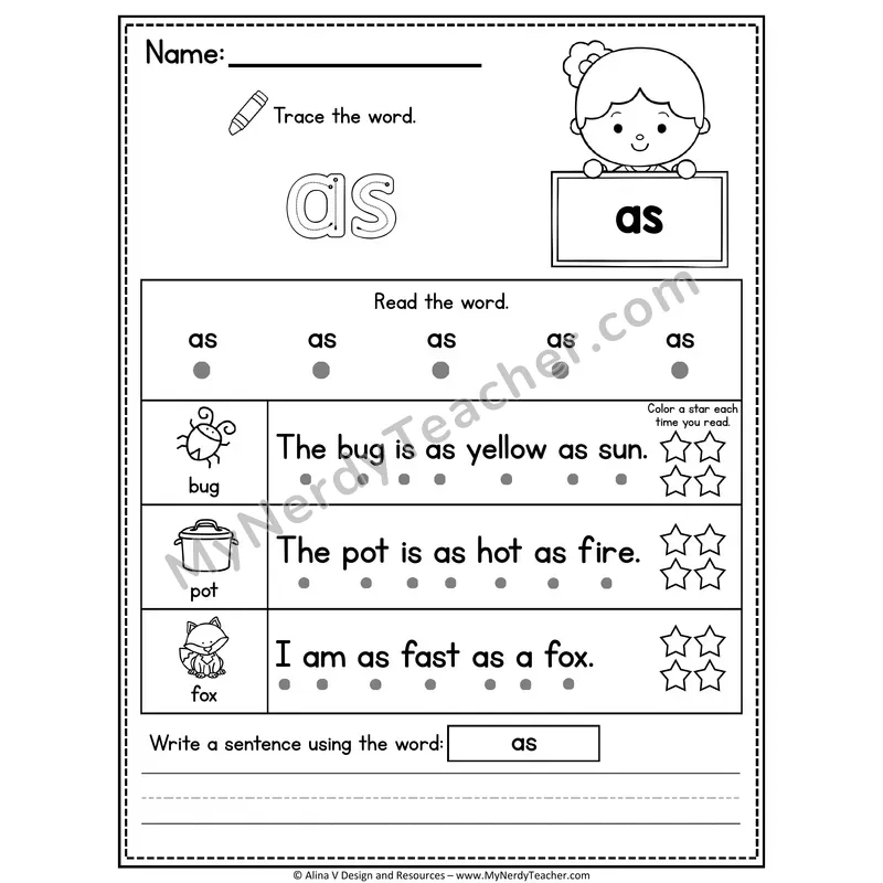1st Grade Sight Word Worksheet — As (Trace, Read & Write)