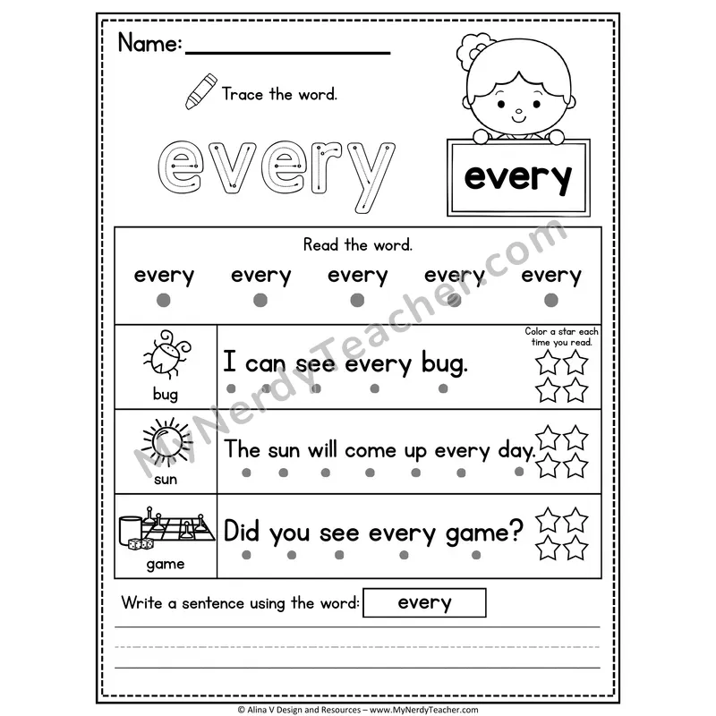 1st Grade Sight Word Worksheet — Every (Trace, Read & Write)