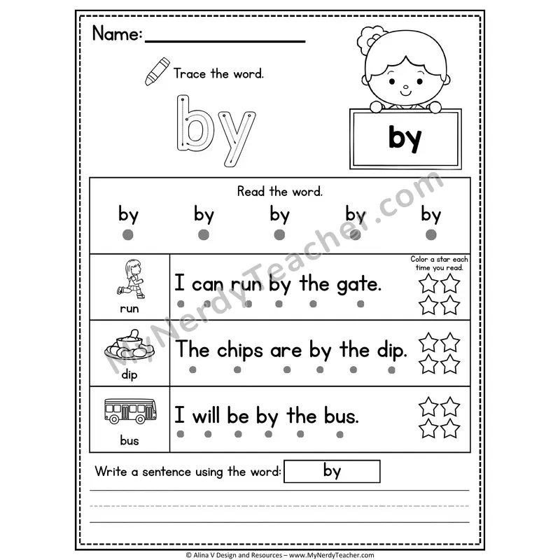 1st Grade Sight Word Worksheet — By (Trace, Read & Write)