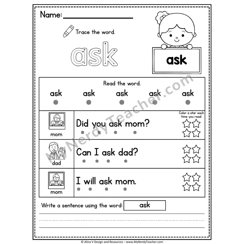 1st Grade Sight Word Worksheet — Ask (Trace, Read & Write)