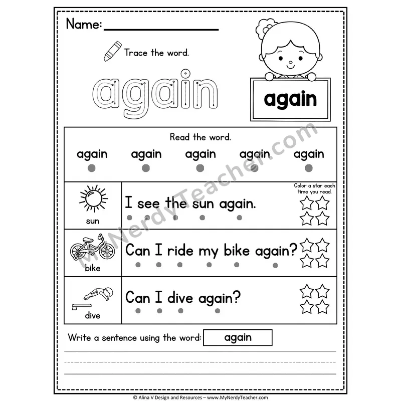 1st Grade Sight Word Worksheet — Again (Trace, Read & Write)
