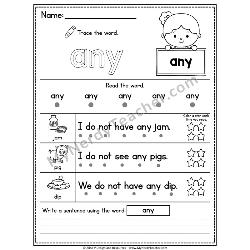 1st Grade Sight Word Worksheet — Any (Trace, Read & Write)