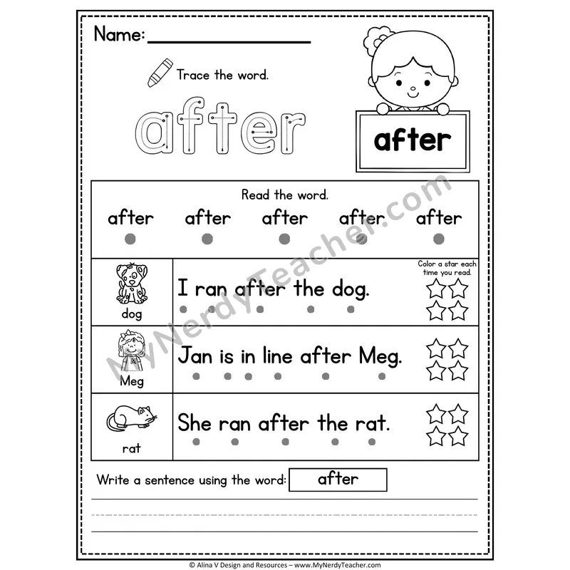 1st Grade Sight Word Worksheet — After (Trace, Read & Write)