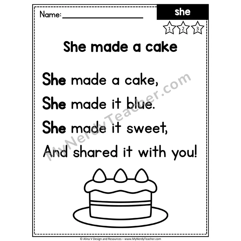 Kindergarten Sight Word Poem — She