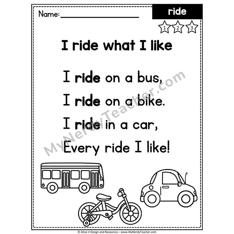 Kindergarten Sight Word Poem — Ride