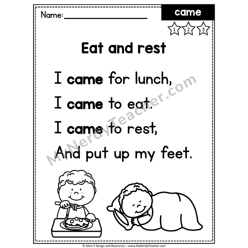 Kindergarten Sight Word Poem — Came