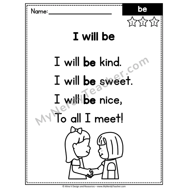Kindergarten Sight Word Poem — Be