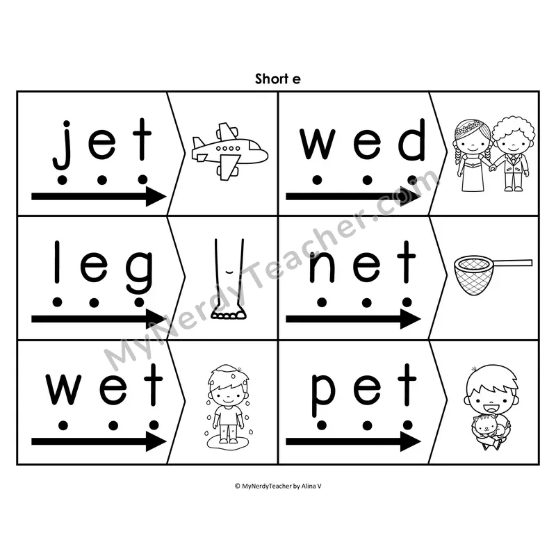 Short e CVC Blending & Segmenting Cards (B&W)