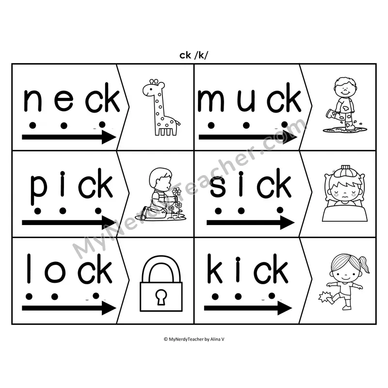 ck Digraph Blending & Segmenting Cards (B&W)