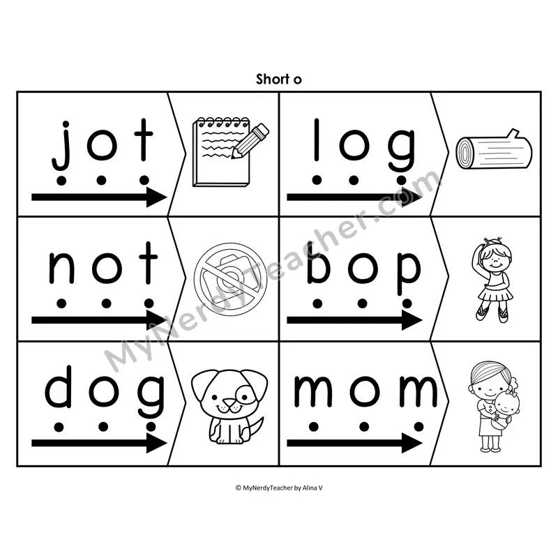 Short o CVC Blending & Segmenting Cards (B&W)