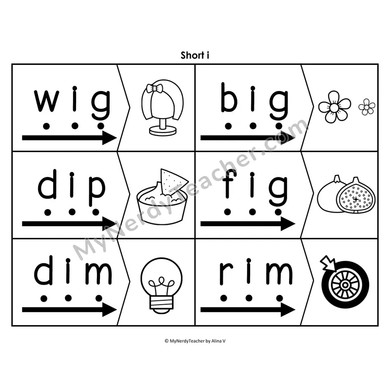 Short i CVC Blending & Segmenting Cards (B&W)