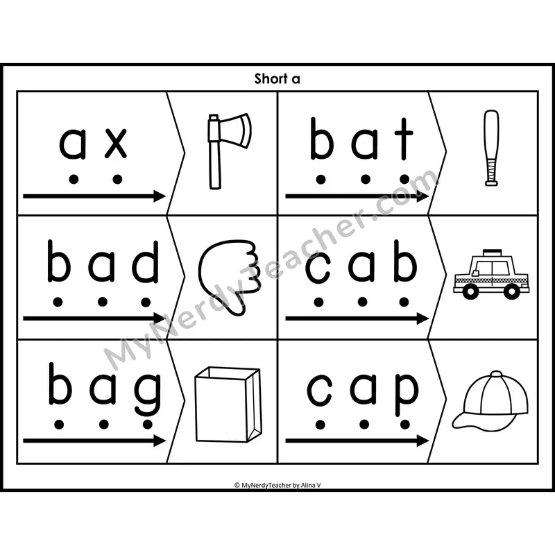 Short a CVC Blending & Segmenting Cards (B&W)