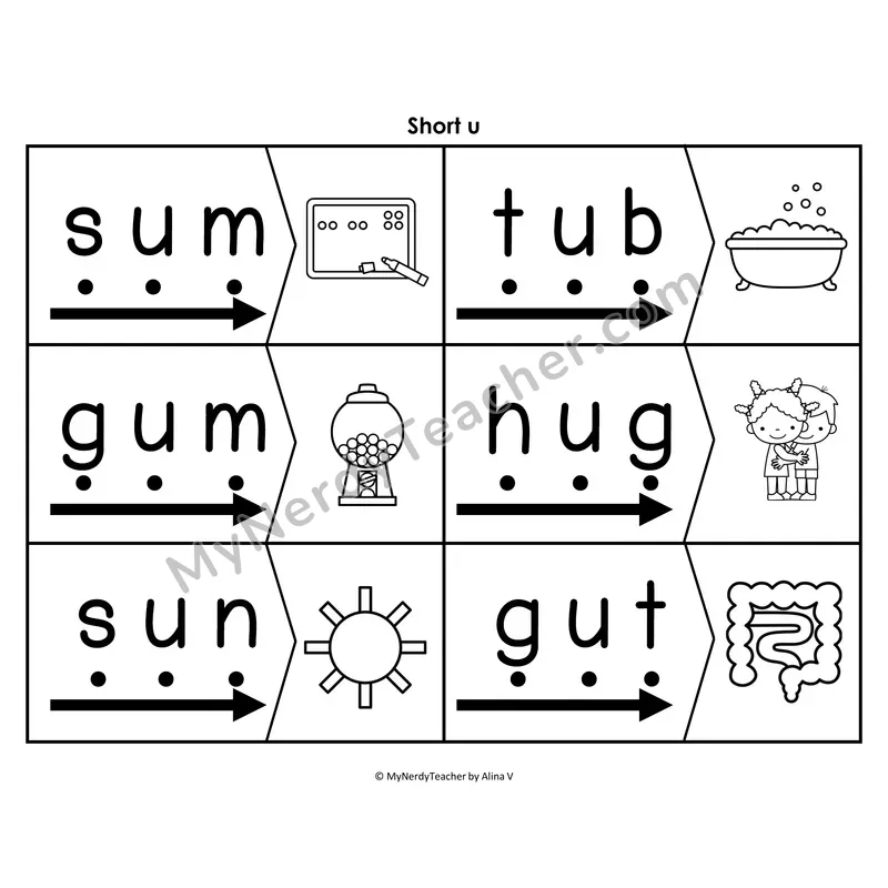 Short u CVC Blending & Segmenting Cards (B&W)
