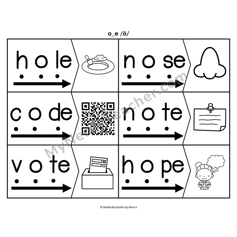 i_e Silent E Blending & Segmenting Cards (B&W)