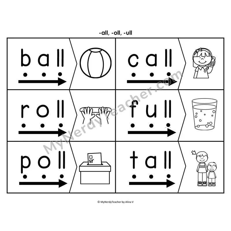 Glued Sounds -all, -oll, -ull Blending & Segmenting Cards (B&W)