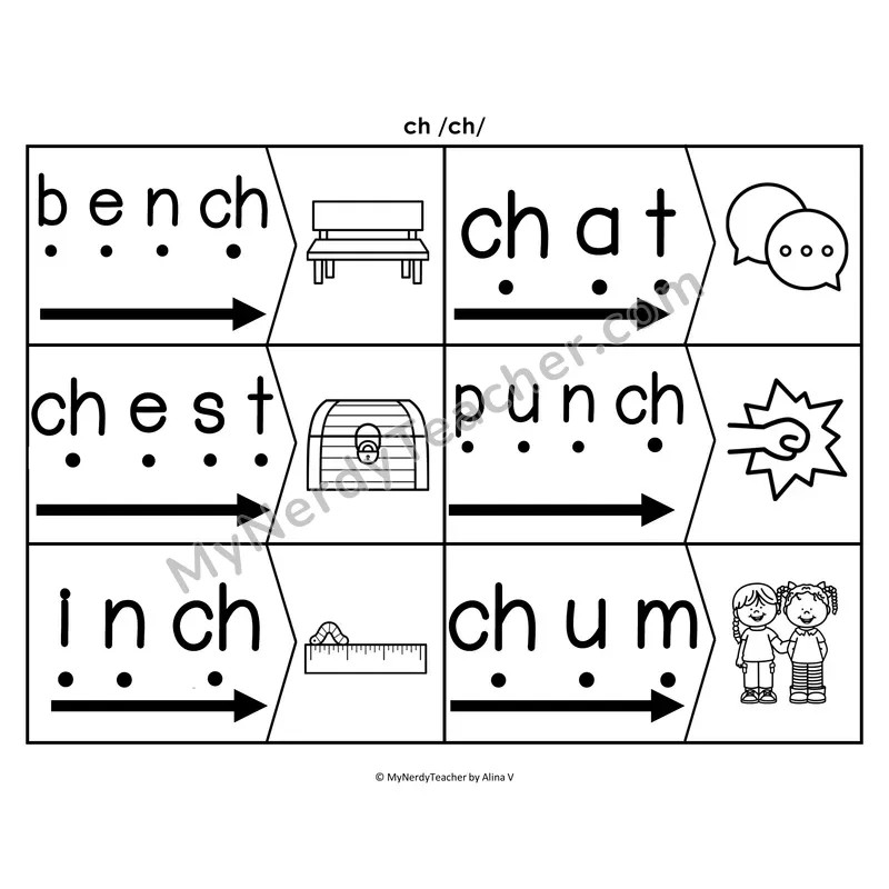 ch Digraph Blending & Segmenting Cards (B&W)