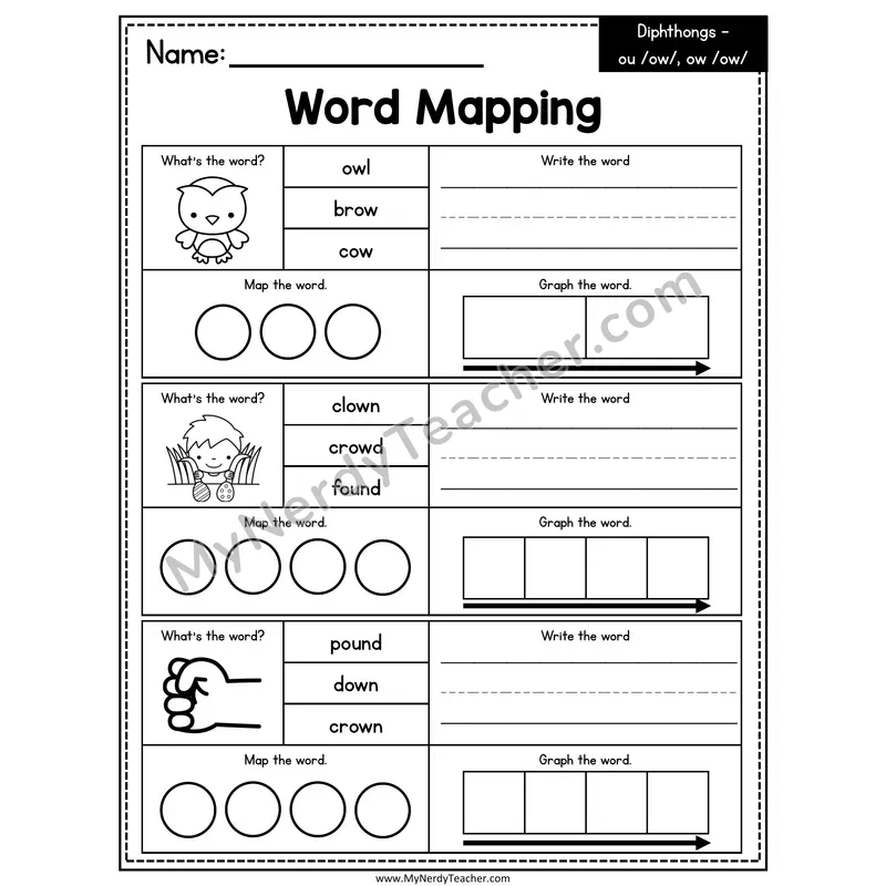Diphthongs ou, ow Word Mapping Worksheet