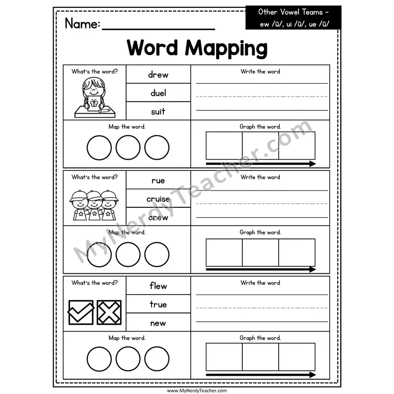 Vowel Teams ew, ui, ue Word Mapping Worksheet