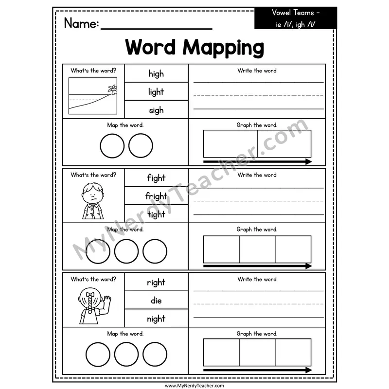 Vowel Teams ie, igh Word Mapping Worksheet