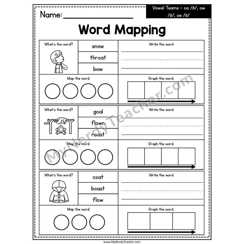 Vowel Teams oa, ow, oe Word Mapping Worksheet