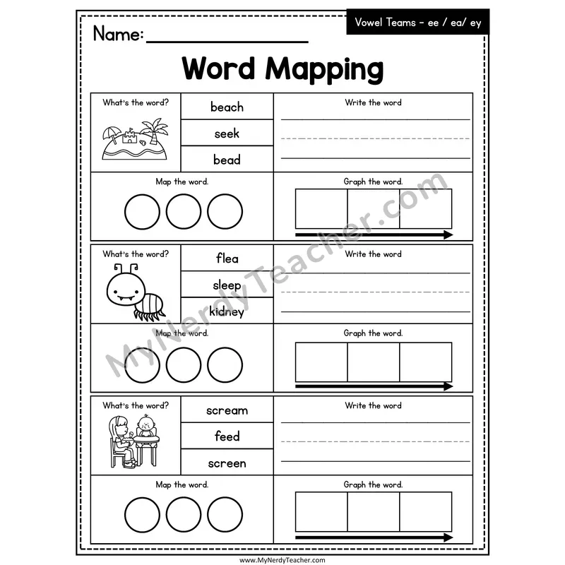Vowel Teams ee, ea, ey Word Mapping Worksheet