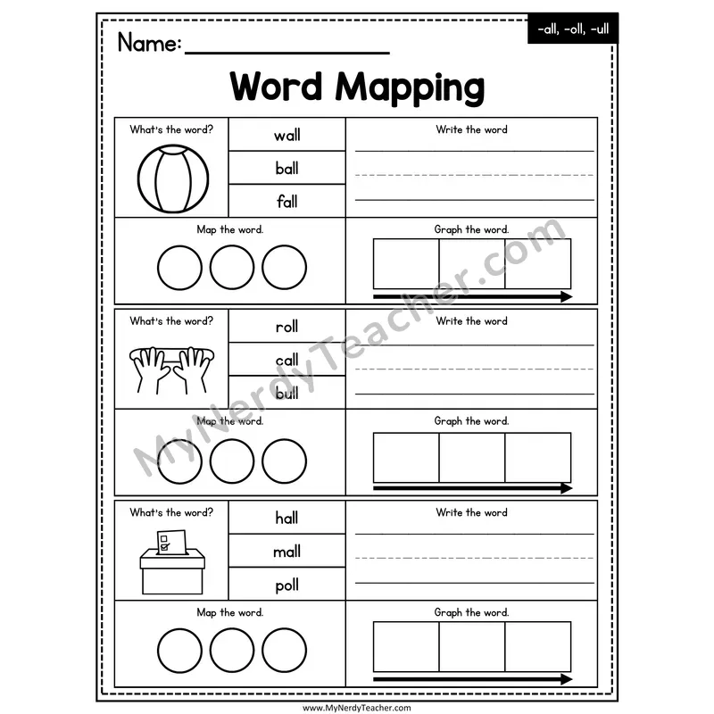 Glued Sounds -all, -oll, -ull Word Mapping Worksheet