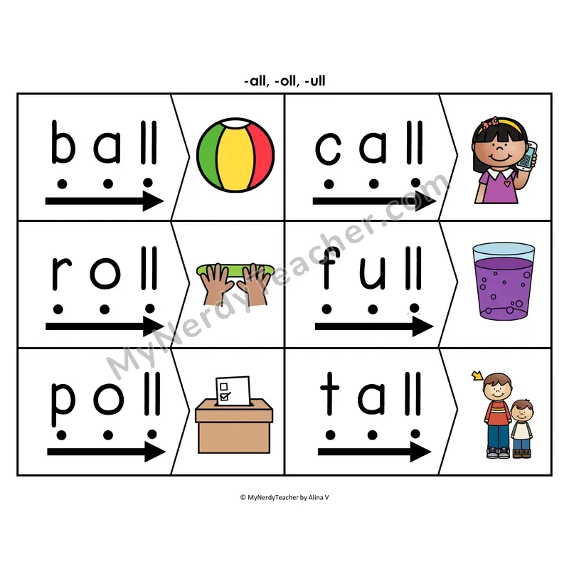 Glued Sounds -all, -oll, -ull Blending & Segmenting Cards (Color)