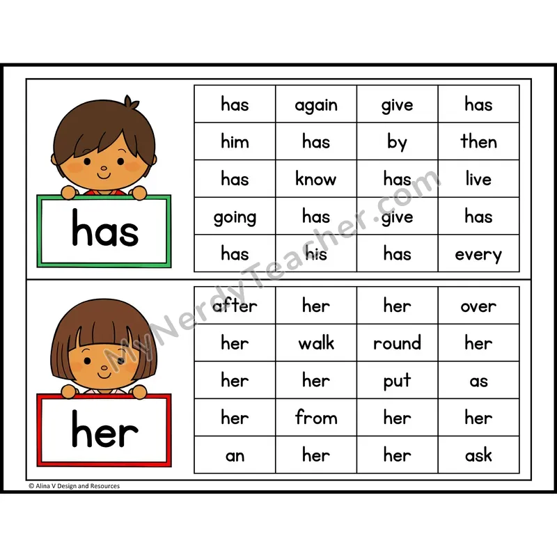 Read and Find Sight Words — 1st Grade - has, her
