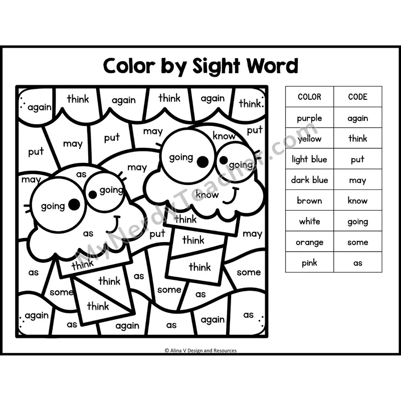 Color by Sight Word — 1st Grade — Sweet Treats - again, think, put, may, know, going, some, as