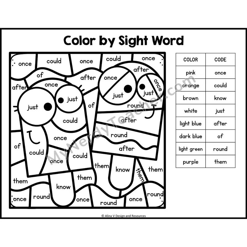 Color by Sight Word — 1st Grade — Sweet Treats - once, could, know, just, after, of, round, them