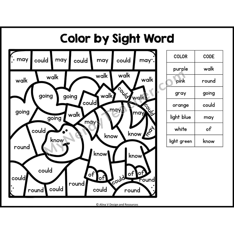 Color by Sight Word — 1st Grade — Safari - walk, round, going, could, may, of, know