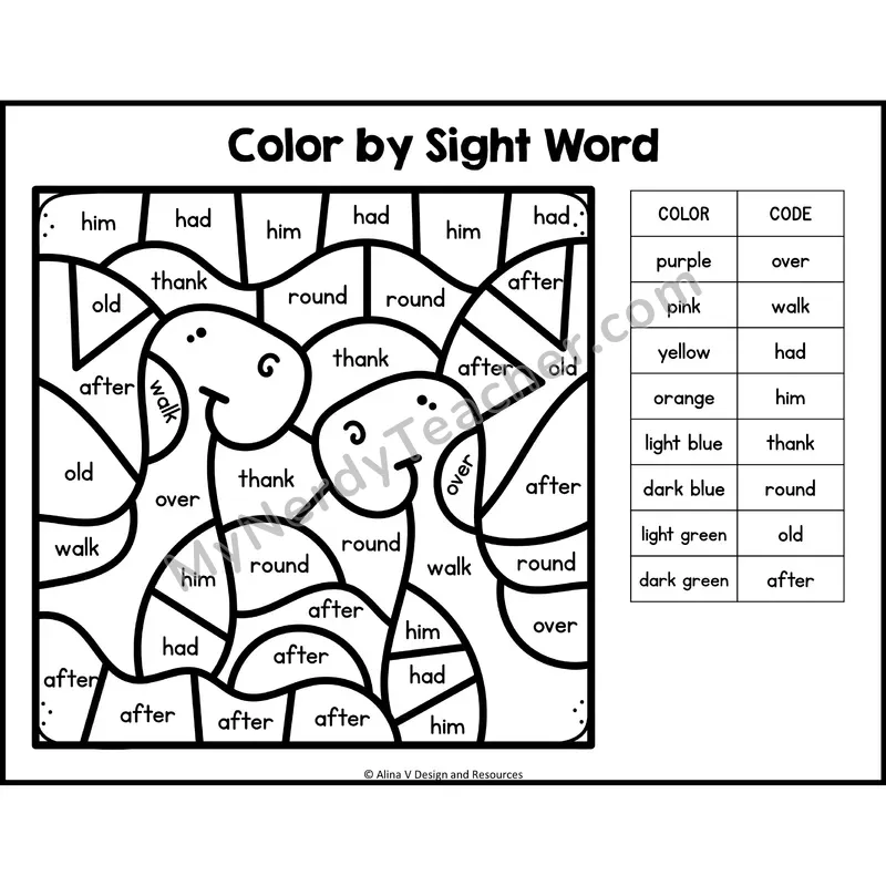 Color by Sight Word — 1st Grade — Birds - over, walk, had, him, thank, round, old, after