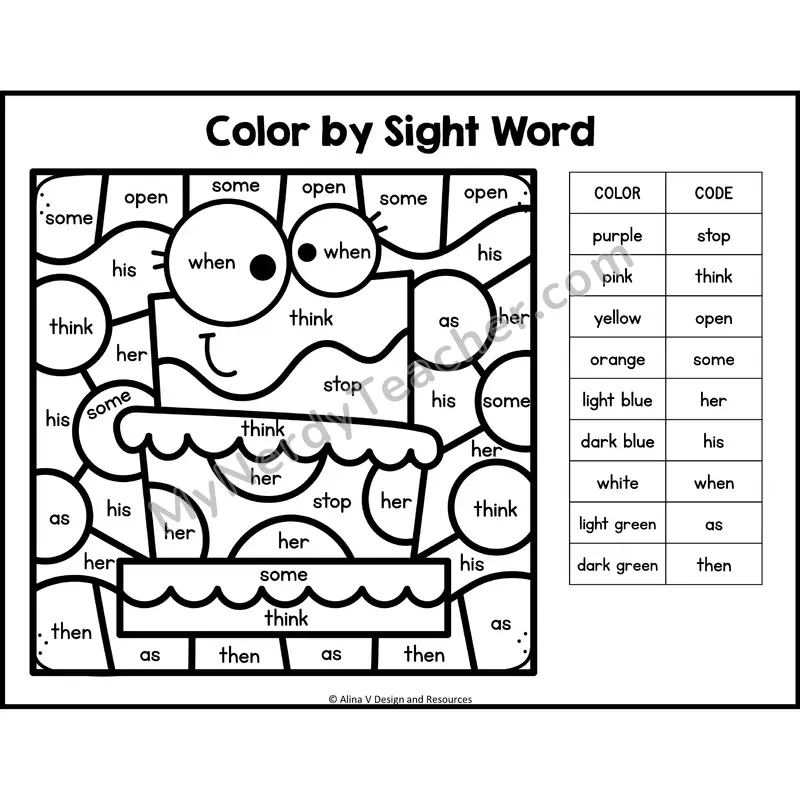 Color by Sight Word — 1st Grade — Sweet Treats - stop, think, open, some, her, his, when, as, then