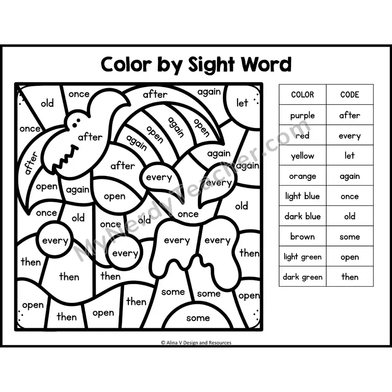 Color by Sight Word — 1st Grade — Birds - after, every, let, again, once, old, some, open, then